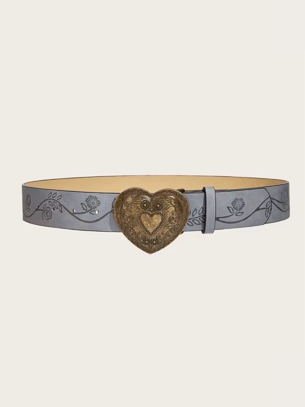 Heart Buckle Embossed Leather Waist Belt in Grey Medium - Picture 6 of 8